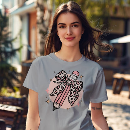 🎀✏️ Pink Leopard Pencil Bow Tee 🌟💖
