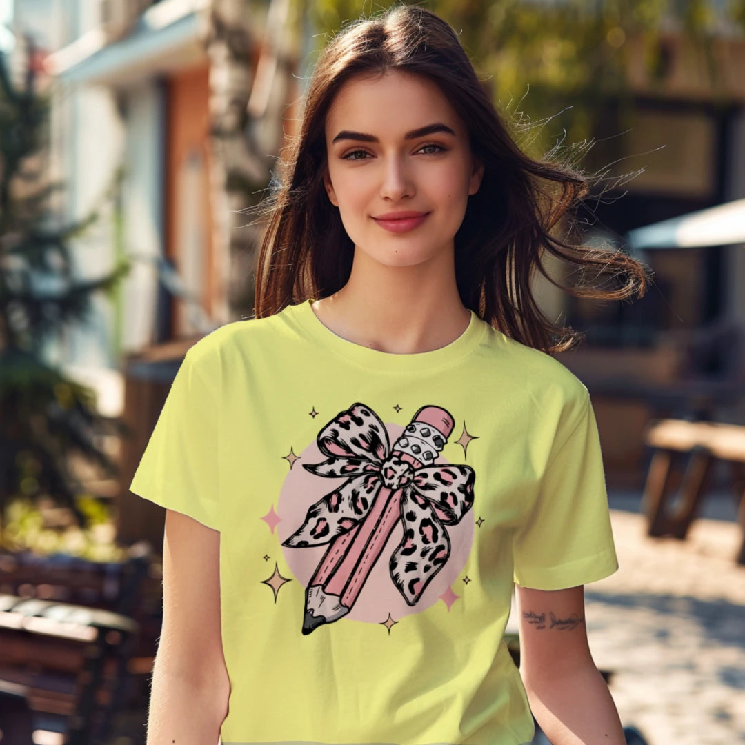 🎀✏️ Pink Leopard Pencil Bow Tee 🌟💖