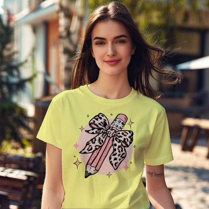 🎀✏️ Pink Leopard Pencil Bow Tee 🌟💖