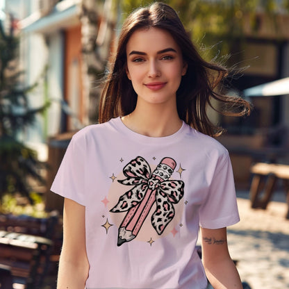 🎀✏️ Pink Leopard Pencil Bow Tee 🌟💖