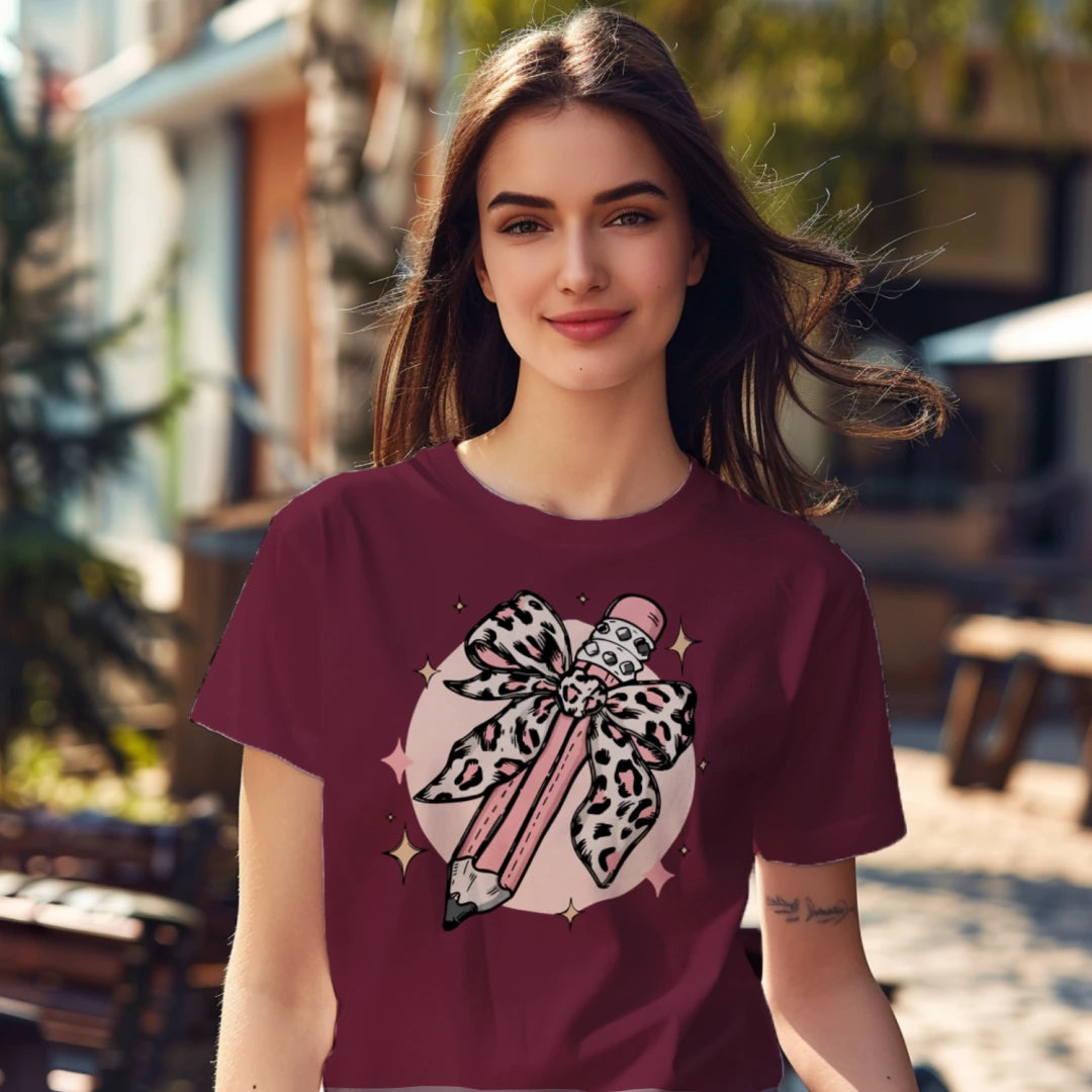 🎀✏️ Pink Leopard Pencil Bow Tee 🌟💖