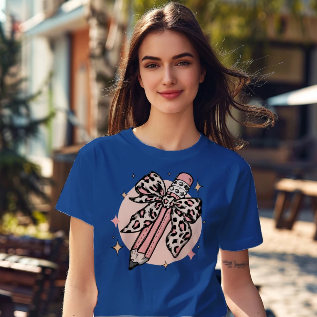 🎀✏️ Pink Leopard Pencil Bow Tee 🌟💖