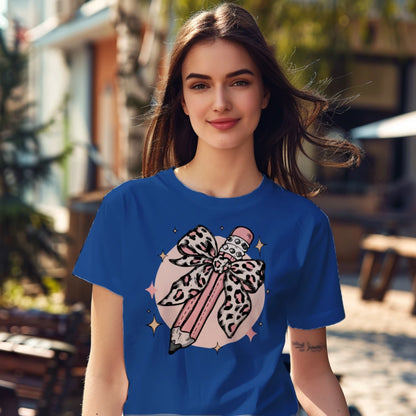 🎀✏️ Pink Leopard Pencil Bow Tee 🌟💖