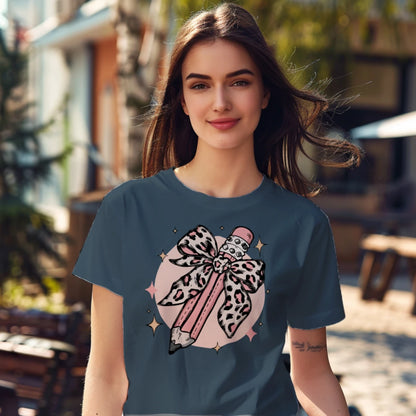 🎀✏️ Pink Leopard Pencil Bow Tee 🌟💖