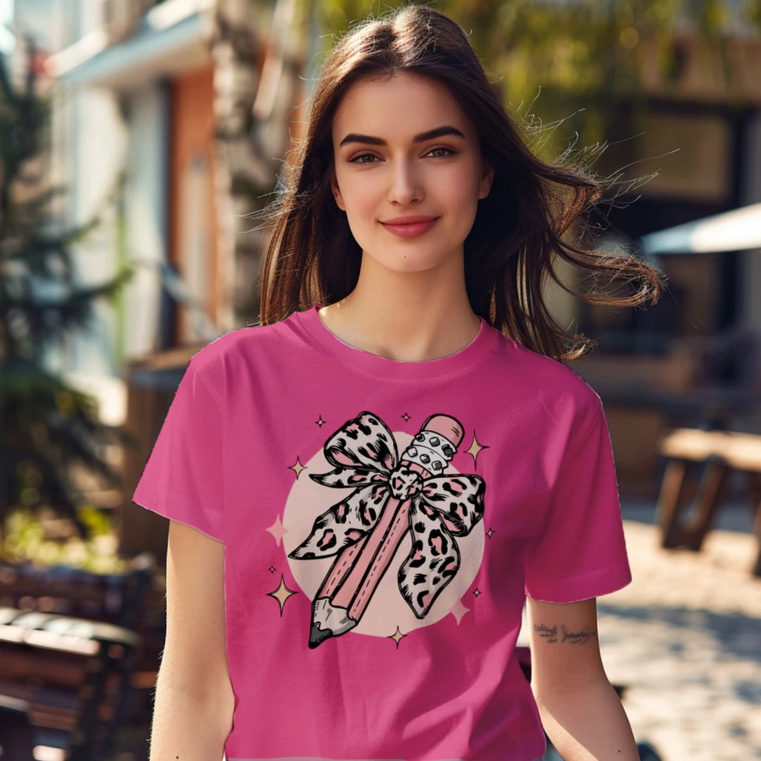 🎀✏️ Pink Leopard Pencil Bow Tee 🌟💖