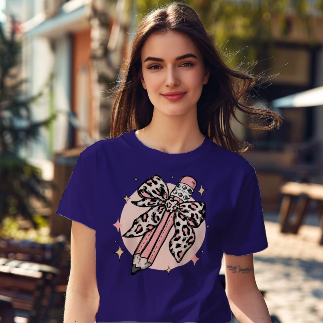 🎀✏️ Pink Leopard Pencil Bow Tee 🌟💖