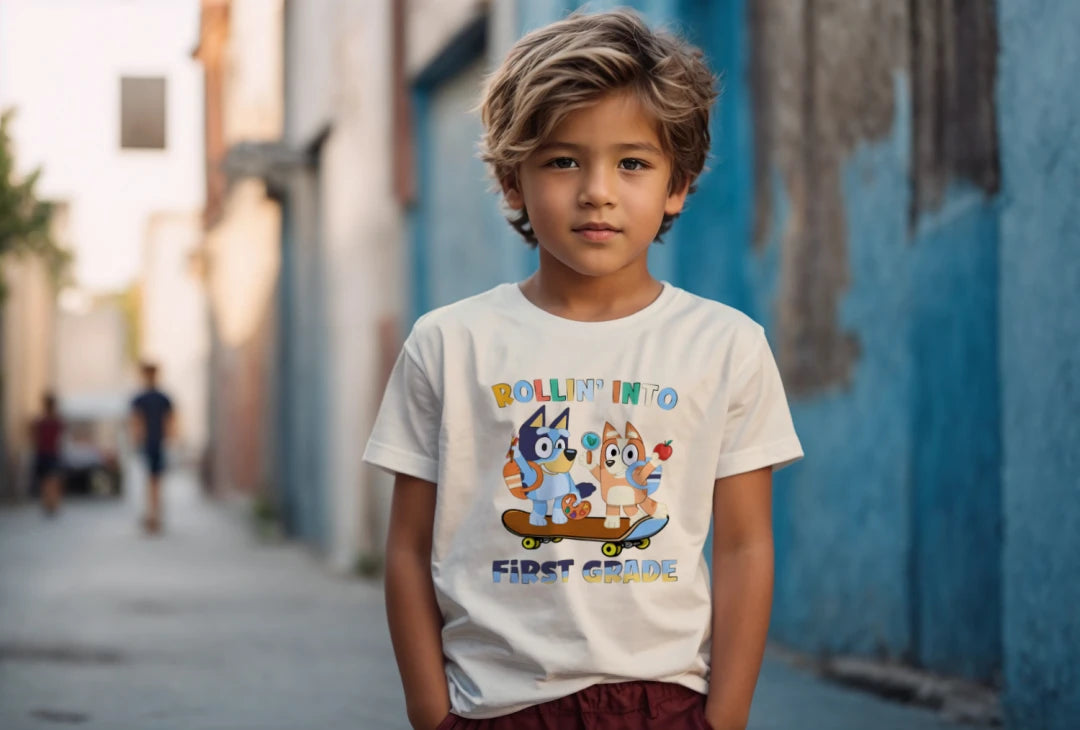 🛹🎒 Rollin’ Into First Grade – Bluey & Bingo Back-to-School Tee 🐶📚