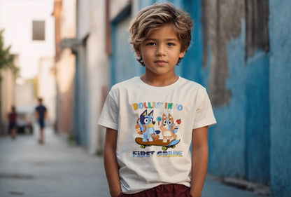 🛹🎒 Rollin’ Into First Grade – Bluey & Bingo Back-to-School Tee 🐶📚