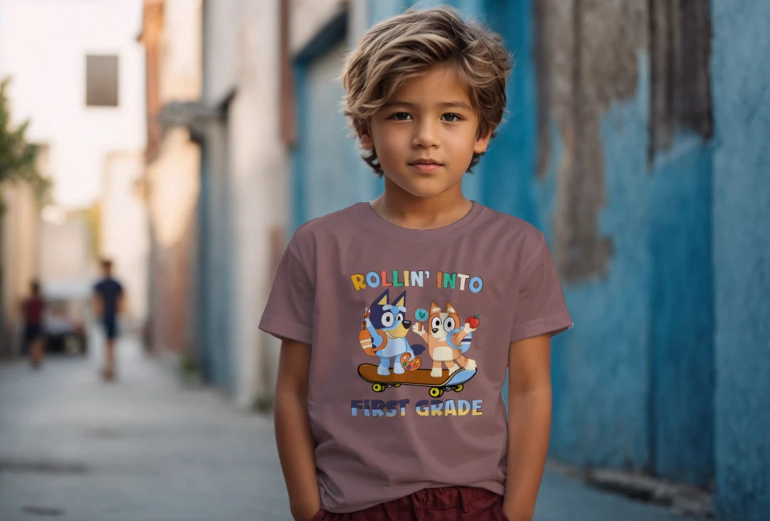 🛹🎒 Rollin’ Into First Grade – Bluey & Bingo Back-to-School Tee 🐶📚