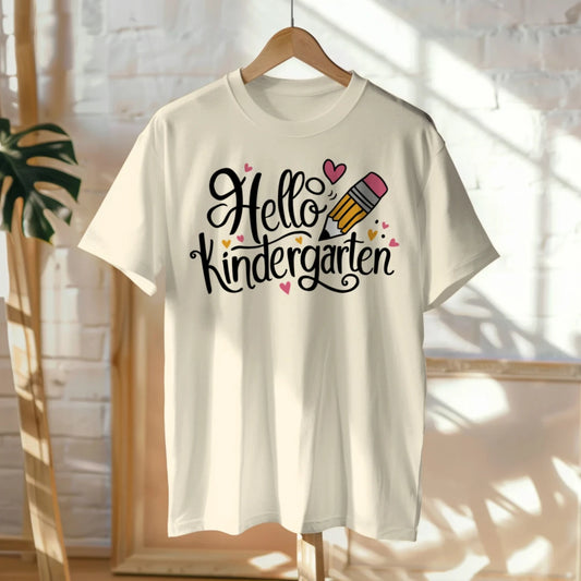 ✏️💖 "Hello Kinder" – Cursive Pencil Heart Tee for First Day ✨🎒