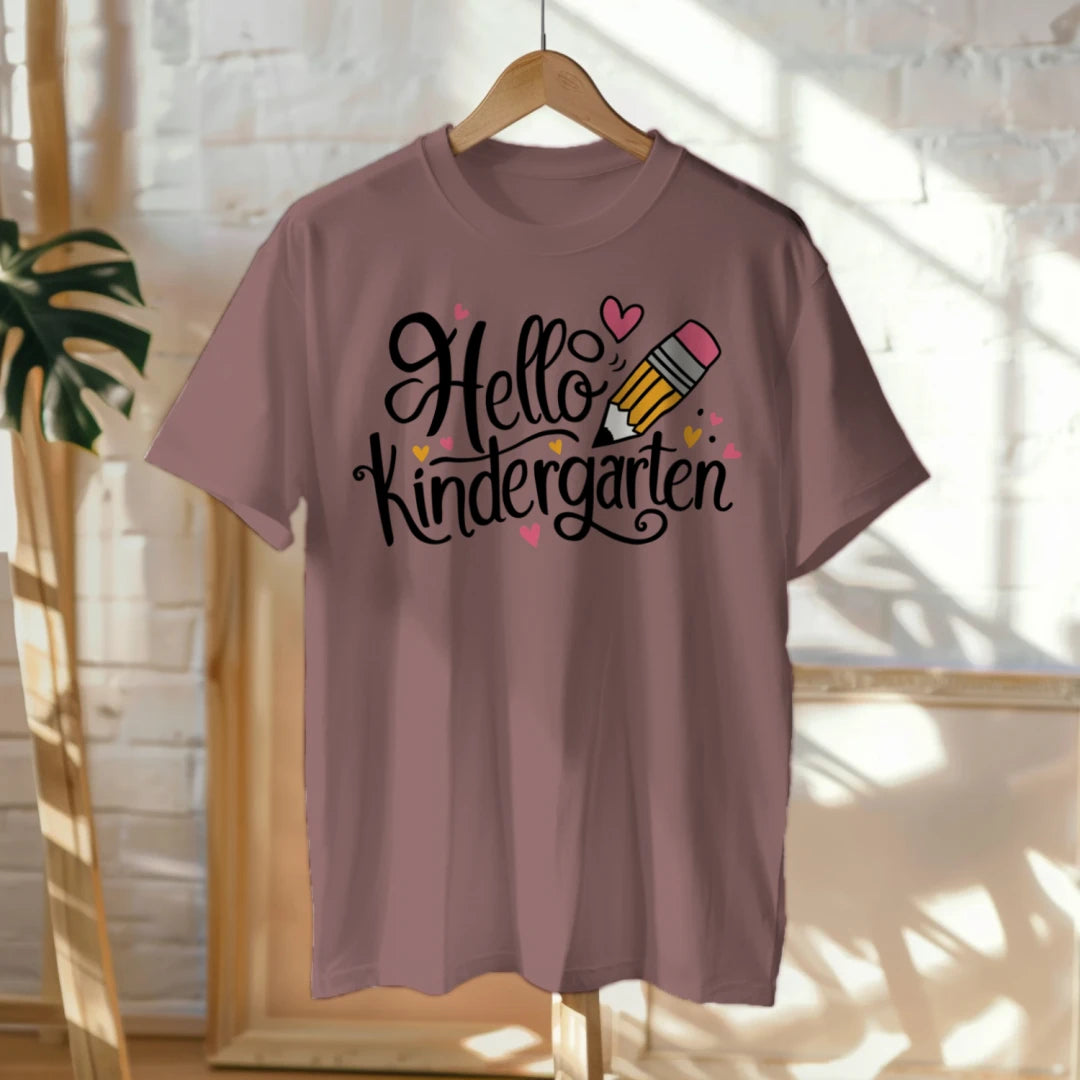 ✏️💖 "Hello Kinder" – Cursive Pencil Heart Tee for First Day ✨🎒