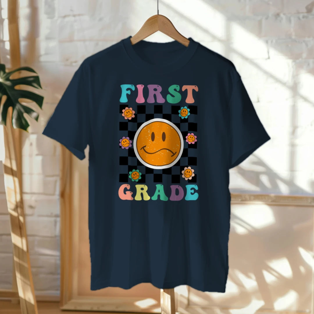 🟡✔️ First Grade Vibes – Checkered Smiley Tee 😄🏁