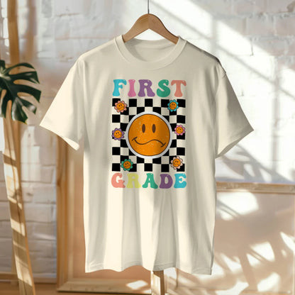 🟡✔️ First Grade Vibes – Checkered Smiley Tee 😄🏁
