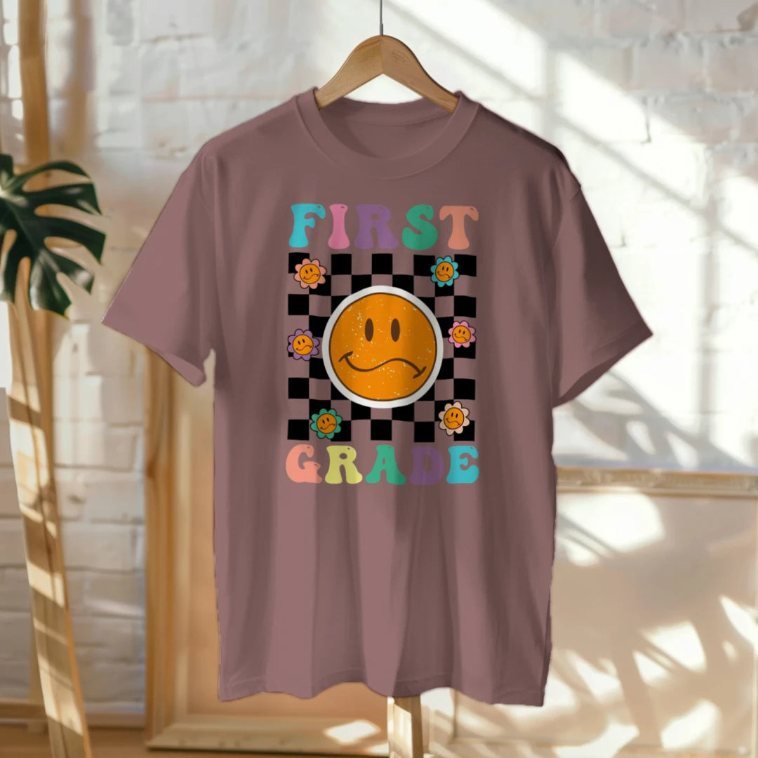🟡✔️ First Grade Vibes – Checkered Smiley Tee 😄🏁
