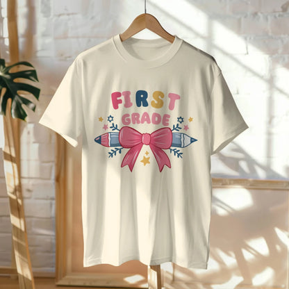 🎀✏️ First Grade Cutie – Pink Bow Tie & Pencil Hearts Tee 💖💕