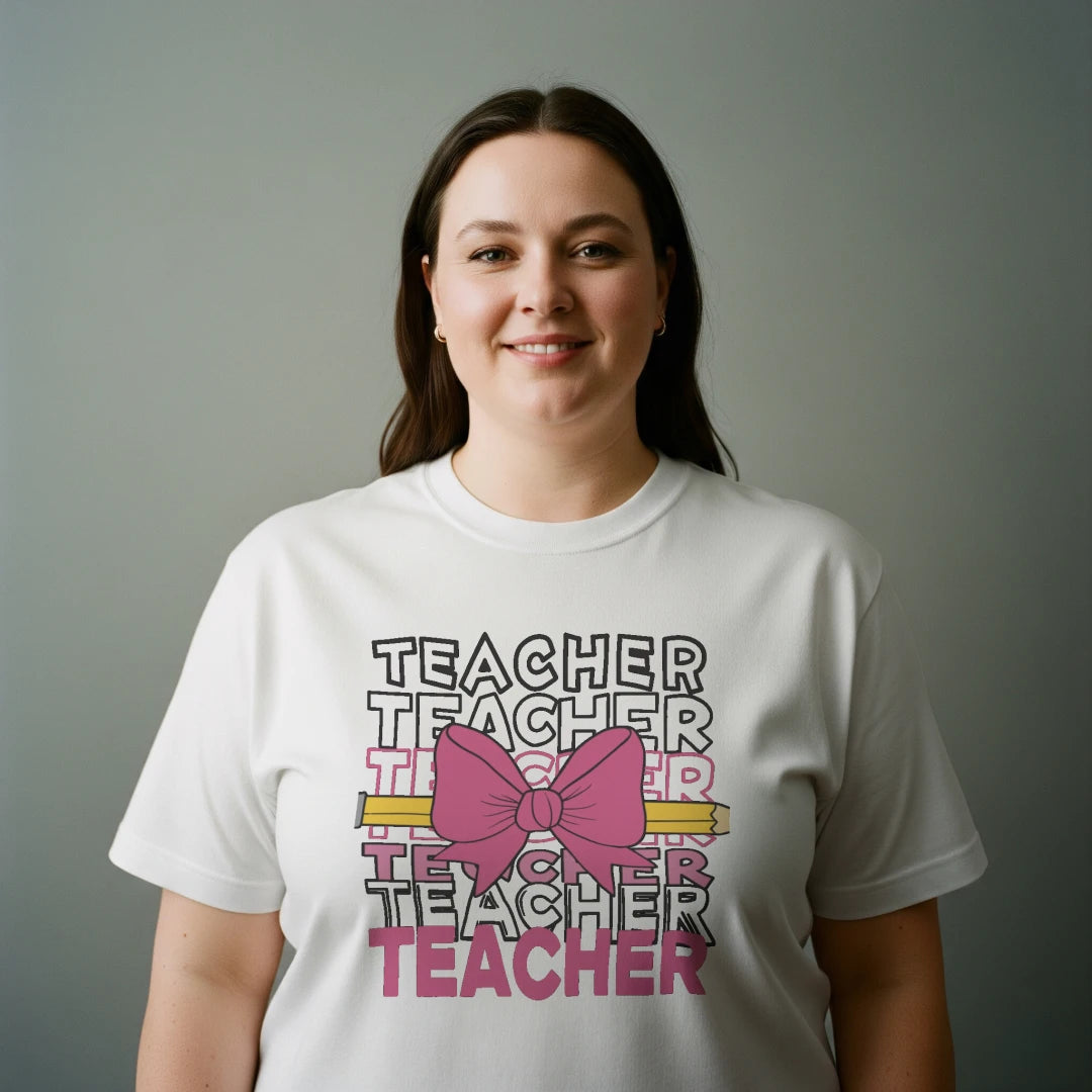 🎀✏️ Teacher Power Bow Tee – Retro Vibes! 🖤💗