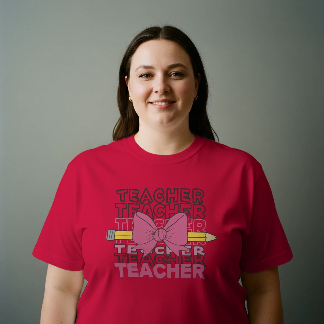 🎀✏️ Teacher Power Bow Tee – Retro Vibes! 🖤💗