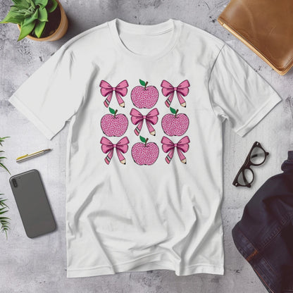 🍎🎀 Teacher Grid Tee – Bows, Apples & Pencils Galore! ✏️💖