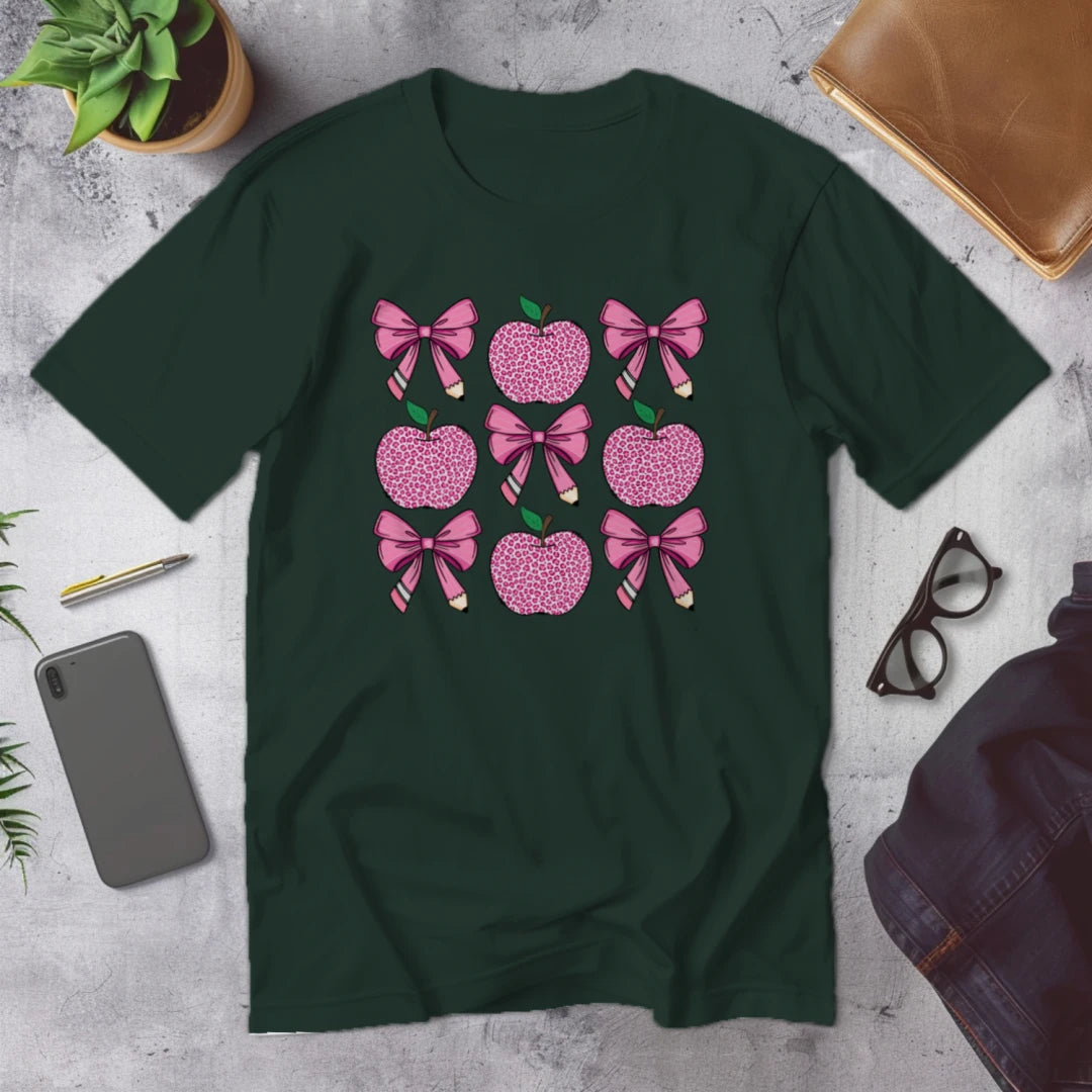 🍎🎀 Teacher Grid Tee – Bows, Apples & Pencils Galore! ✏️💖