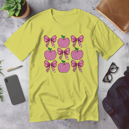 🍎🎀 Teacher Grid Tee – Bows, Apples & Pencils Galore! ✏️💖