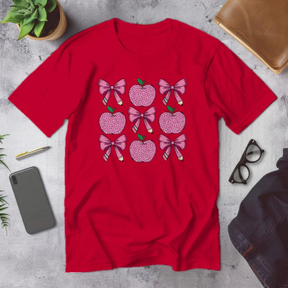 🍎🎀 Teacher Grid Tee – Bows, Apples & Pencils Galore! ✏️💖