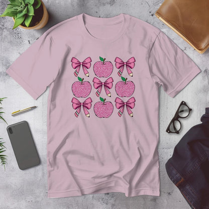 🍎🎀 Teacher Grid Tee – Bows, Apples & Pencils Galore! ✏️💖