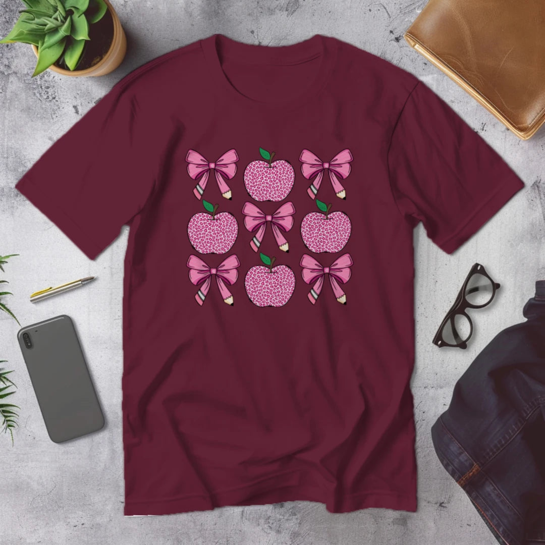🍎🎀 Teacher Grid Tee – Bows, Apples & Pencils Galore! ✏️💖