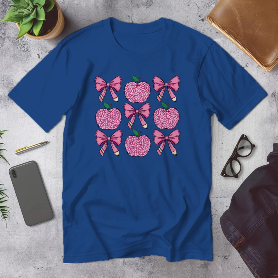 🍎🎀 Teacher Grid Tee – Bows, Apples & Pencils Galore! ✏️💖