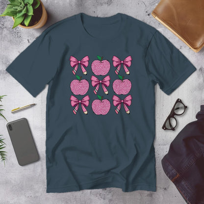🍎🎀 Teacher Grid Tee – Bows, Apples & Pencils Galore! ✏️💖