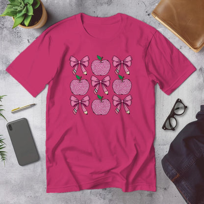🍎🎀 Teacher Grid Tee – Bows, Apples & Pencils Galore! ✏️💖