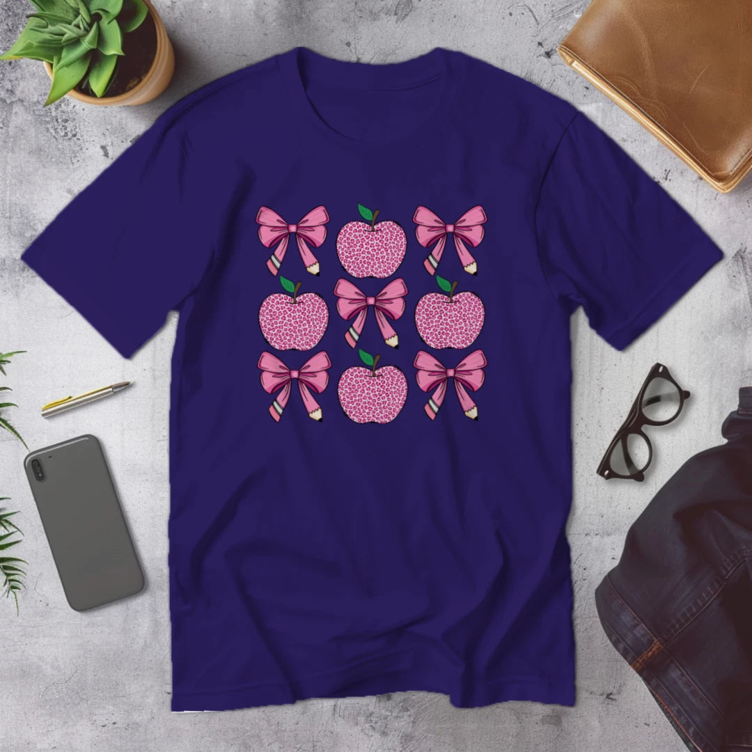 🍎🎀 Teacher Grid Tee – Bows, Apples & Pencils Galore! ✏️💖