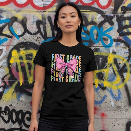 🎀 First Grade Rainbow Bow Tee 🌈✏️