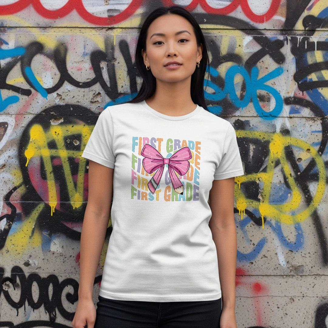 🎀 First Grade Rainbow Bow Tee 🌈✏️