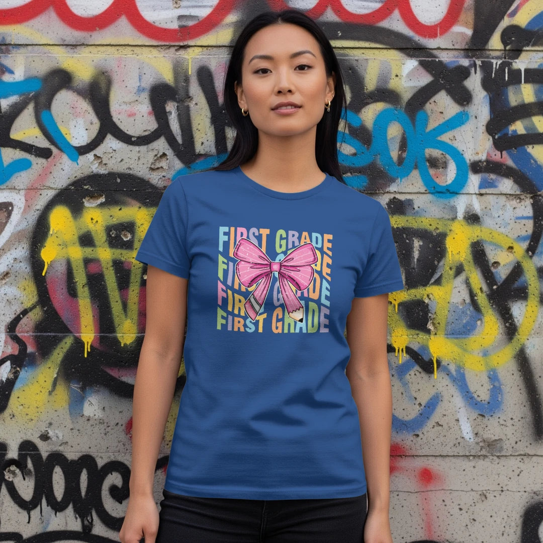 🎀 First Grade Rainbow Bow Tee 🌈✏️
