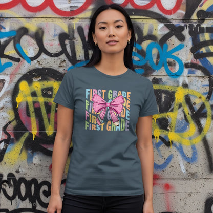 🎀 First Grade Rainbow Bow Tee 🌈✏️