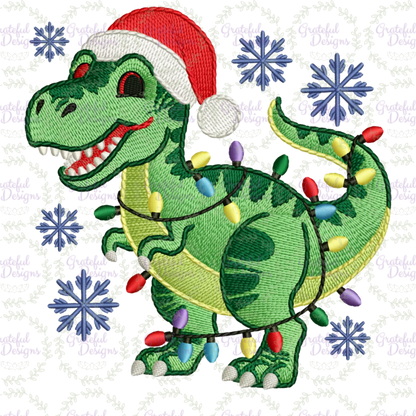🦖🎅 “Dino Lights Christmas” Faux-Embroidery Tee🦖🎅