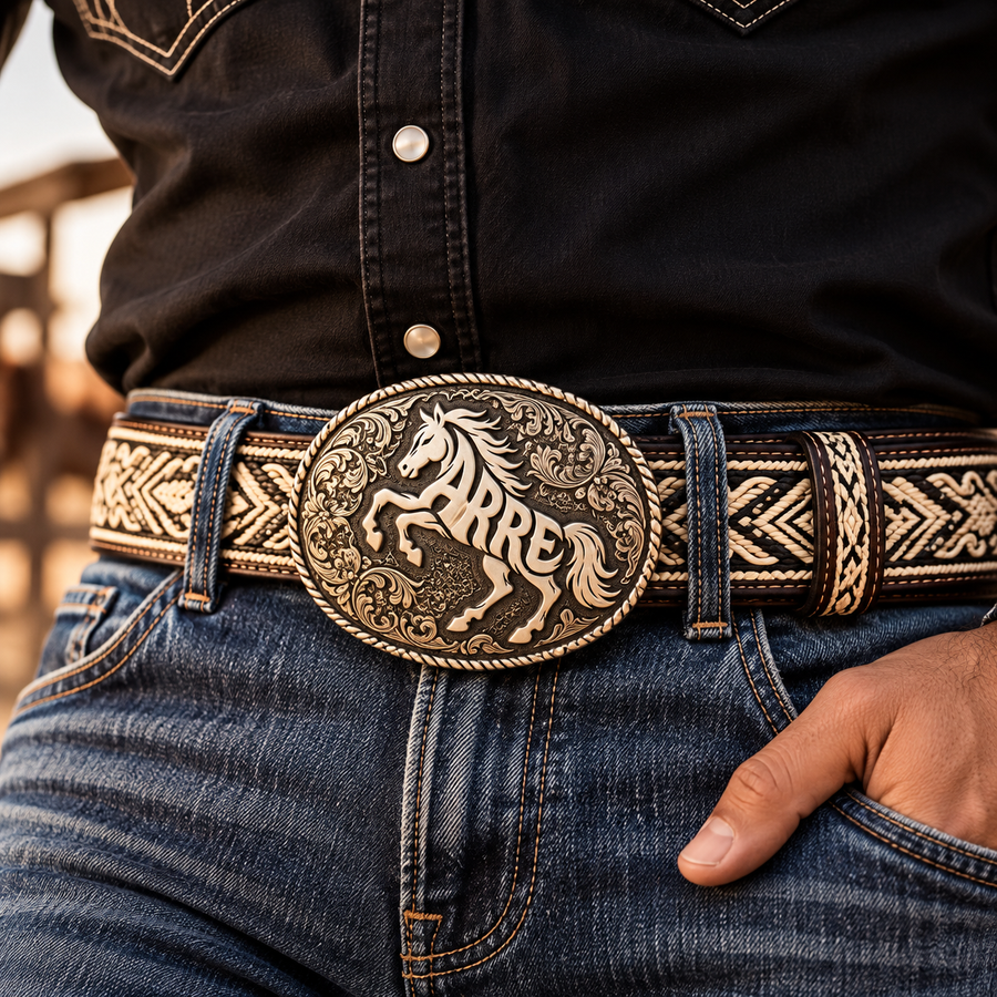 ARRE black piteado belt with ornate branded buckle