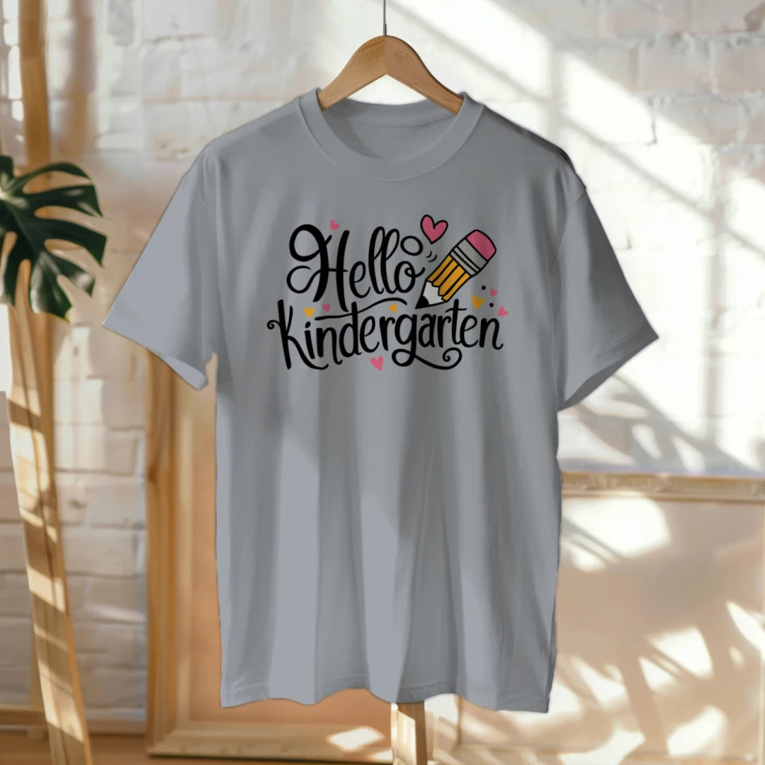 ✏️💖 "Hello Kinder" – Cursive Pencil Heart Tee for First Day ✨🎒